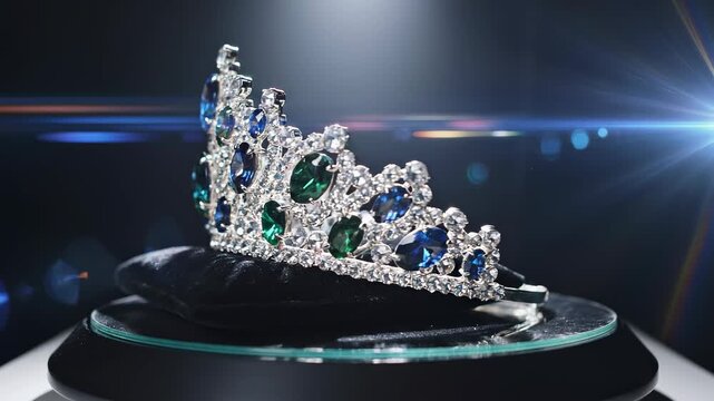 Elegant Tiara rotating with sparkling emeralds and diamonds against a dark background with lens flares