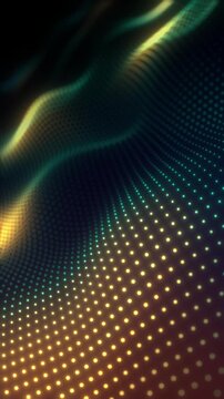 Colorful space of gradient waves flows across the scene. Golden teal dot particles form a glowing terrain, vertical mobile video, 4K seamless loop.