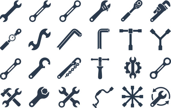 Wrench and spanner tool icon set, mechanics repair and plumbing hardware equipment, socket ratchet, allen key, pipe wrench solid glyph icons bundle, car maintenance service symbols, flat vector illust