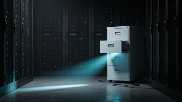 Filing cabinet drawer opening by itself in a dark server room with cold cyan light, data breach concept