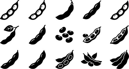 Fototapeta premium Edamame Pod & Bean Silhouette Icon Set. Collection of food & culinary silhouettes, including edamame pod & bean, detailed plant-based and alt-protein shapes, and more.