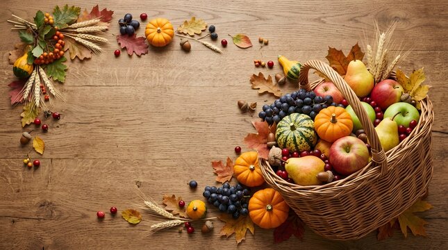 Abundant autumn harvest display of fruits vegetables and wheat on rustic wood
