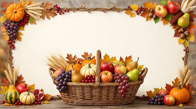 Abundant autumn harvest still life with fruits vegetables and a woven basket border
