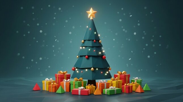 Festive christmas tree with colorful gifts and sparkling lights on a dark teal background