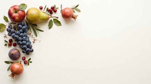 Fresh autumn fruits and berries arranged in a corner on a white background