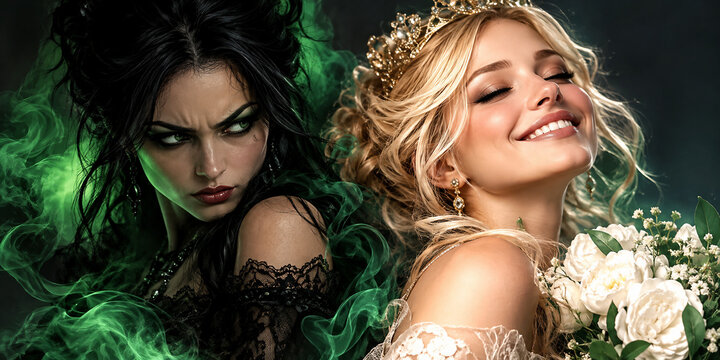 Two contrasting women symbolize envy and social comparison as one appears unhappy while another enjoys bridal beauty, attention and happiness.