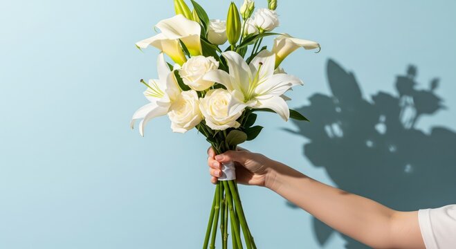 Hand Holding a Bouquet of White Lilies, White Roses And Calla Lilies on Light Blue Background