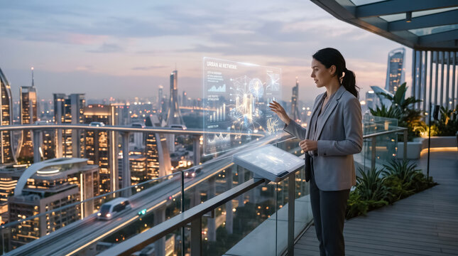 Woman interacting with glowing hologram over futuristic city