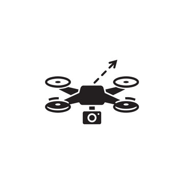 Black silhouette vector icon of a flying drone quadcopter with mounted camera and direction arrow