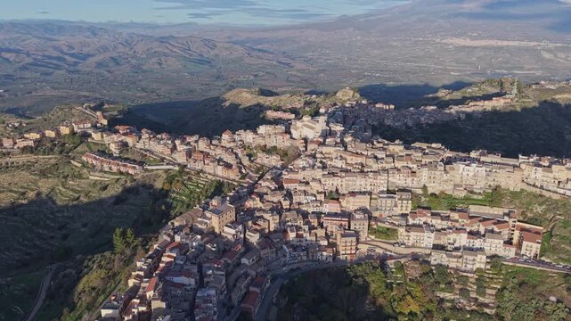 Aerial view of the historic town of Centuripe with its dense stone buildings and winding streets, Centuripe, Sicily, Italy.
