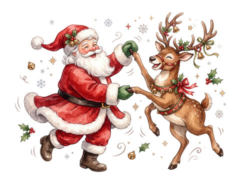 Cheerful watercolor illustration of santa claus dancing joyfully with a cute reindeer isolated on white background