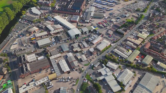 High angle aerial view of industrial district and commercial zone