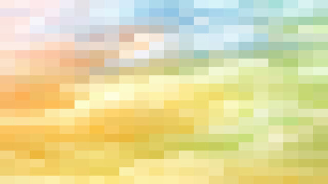 Abstract background, featuring a grid, of rectangular pixels, in warm yellow, orange, green, and, light blue tones, for a soft, mosaic effect