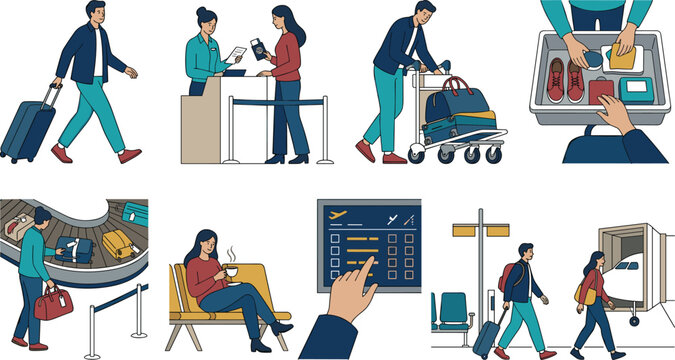  Vector illustration bundle of airport passenger journey stages featuring ticket check in security screening baggage claim and airplane boarding