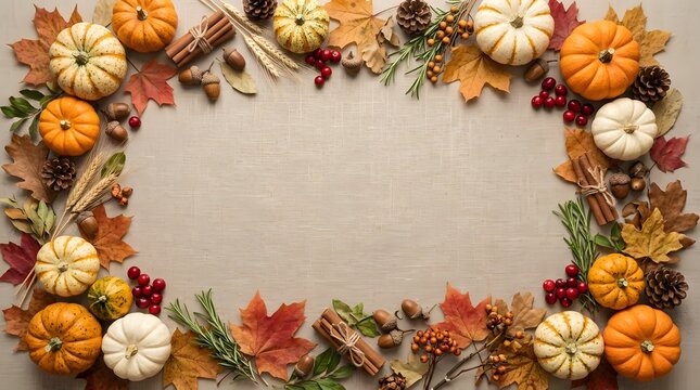 Autumnal frame of pumpkins leaves and seasonal botanicals on a light gray background