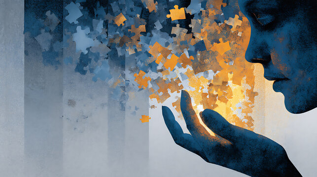 Conceptual mental health artwork of a fragmented human profile surrounded by puzzle pieces and reaching hands, symbolizing emotional struggle, support, healing, connection, recovery and resilience