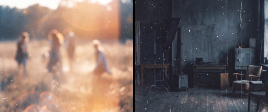 A conceptual split-screen image comparing a blurred, sun-drenched outdoor meadow scene with a dark, moody indoor photography studio environment.