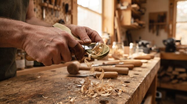 Craftsman hands using a small gouge chisel to carve a wooden spoon with curling wood shavings   