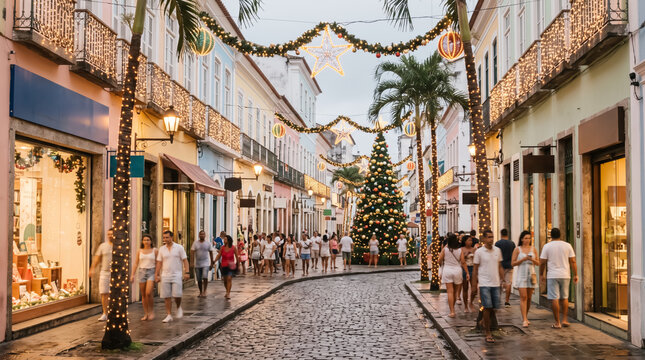 Historic cobblestone street with Christmas decorations