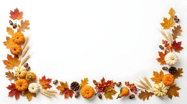 Autumn leaves forming a decorative border on a clean white background for seasonal designs
