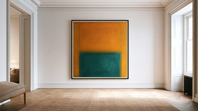 A large painting with dark amber and teal colors shows a cat silhouette as negative space in a modern gallery.