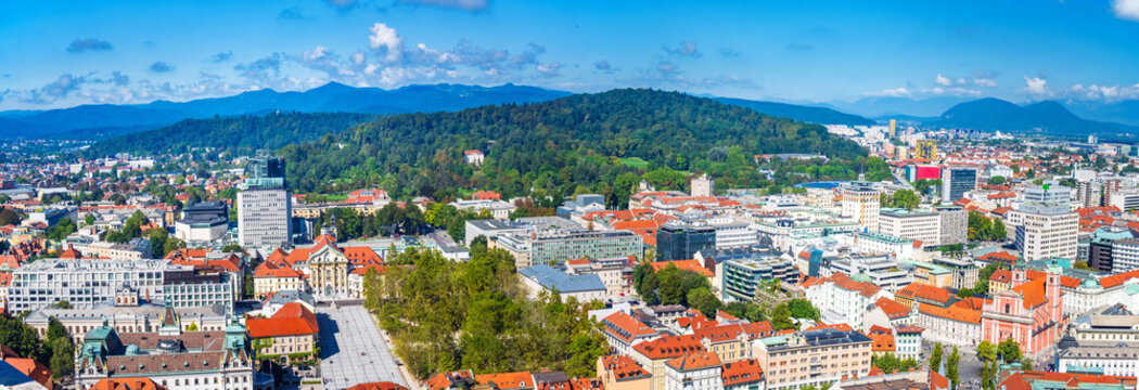 Skyline of Ljubljana. Large aerial panorama of city center of Ljubljana, capital of Slovenia