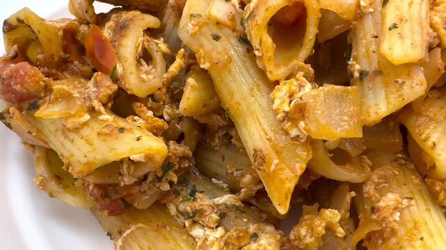 Penne Pasta with Tomato and Minced Meat Sauce Close Up