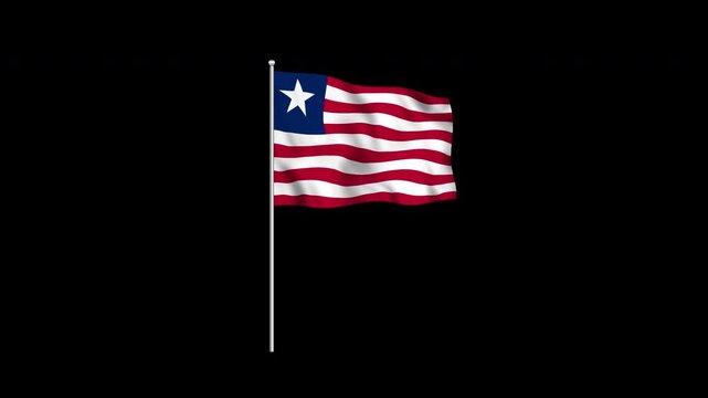 Animation of the Liberia flag fluttering on a flagpole against a transparent background in 4K