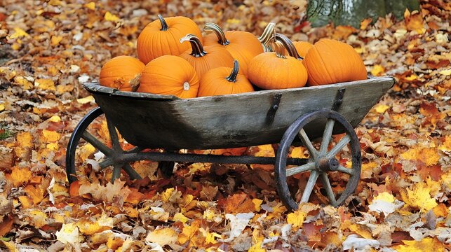 A wooden wheelbarrow filled with pumpkins and surrounded leaves