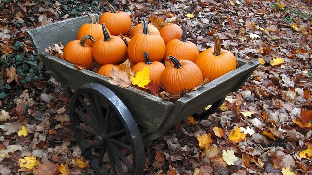 A wooden wheelbarrow filled with pumpkins and surrounded leaves