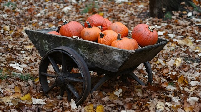 A wooden wheelbarrow filled with pumpkins and surrounded leaves