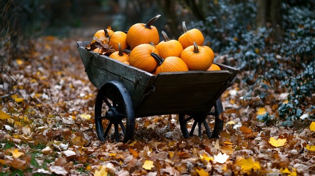 A wooden wheelbarrow filled with pumpkins and surrounded leaves