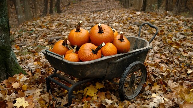 A wooden wheelbarrow filled with pumpkins and surrounded leaves