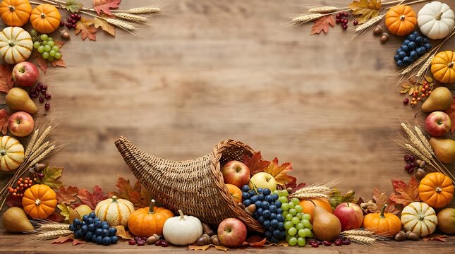 A beautiful autumn harvest overflowing with a cornucopia of colorful seasonal fruits and fresh vegetables