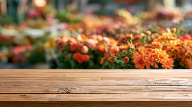 Wooden table surface is empty and seen in the foreground. Behind, a flower market shows blurred colorful flowers in spring.