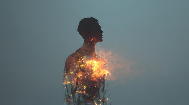 Conceptual mental health artwork showing a human silhouette filled with burning fire, symbolizing emotional distress, anxiety, inner conflict, burnout, suppressed feelings, healing, resilience and rec
