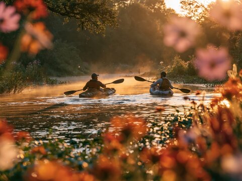 Two people kayaking on a misty river at golden hour