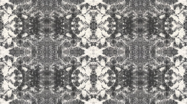 A high-contrast monochrome pattern featuring a distressed, weathered grunge texture with symmetrical abstract shapes and mottled gray and off-white details.
