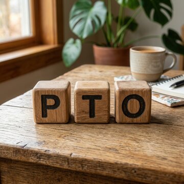 PTO Wooden Blocks on Rustic Table with Coffee and Plant Work Life Balance Concept