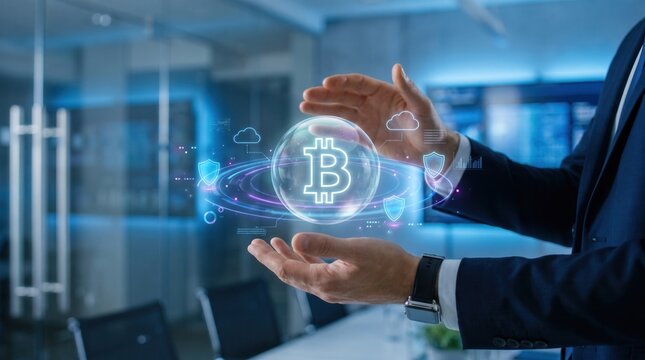 Businessman holding glowing digital cryptocurrency hologram in modern financial cyber security concept