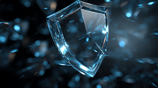Abstract transparent glass cube floating in a dark digital environment, symbolizing cybersecurity, artificial intelligence, data protection, encryption, blockchain, networks and futuristic technology.