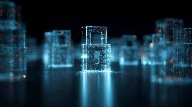 Glowing digital padlock in a futuristic network environment, symbolizing cybersecurity, data protection, encryption, privacy, secure access, cloud technology and digital information security