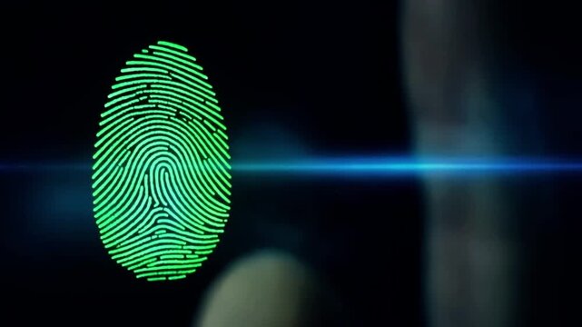Biometric fingerprint scanning system animation with a glowing green thumbprint, futuristic blue light flare, and human fingers bokeh effect. Cyber security access control technology loop
