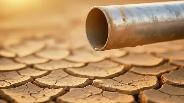Water dripping slowly from a metal pipe onto dry cracked earth during a severe drought. Concept of water scarcity, climate change, global warming, and environmental crisis animation loop