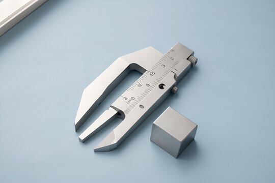 Stainless-steel caliper diagonally on pale blue drafting surface beside gauge block