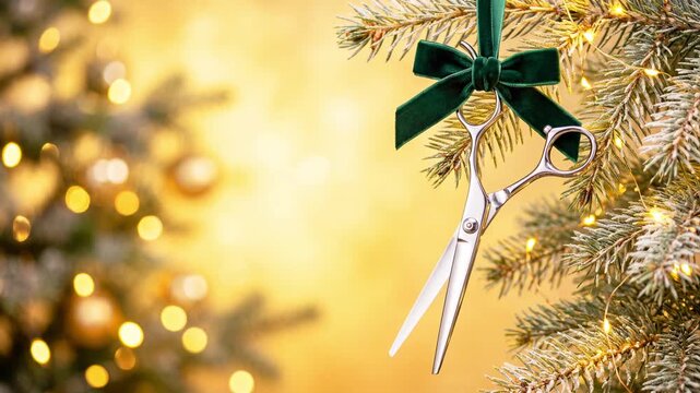 Hairdressing scissors and a bow on spruce branches with gold festive lights and space for text. A New Year's concept for beauty salons, barbershops, and hairstylists