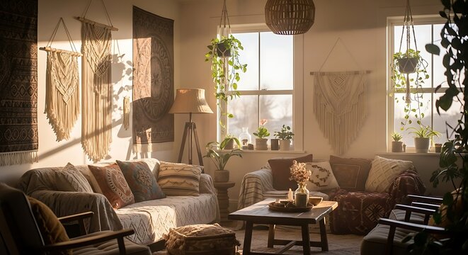 Cozy bohemian living room interior filled with sunlight and decorative woven wall hangings with comfortable sofas patterned