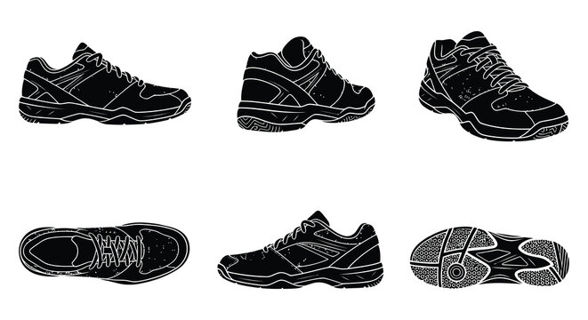 Black silhouette collection of various athletic shoes and sneakers on a white background