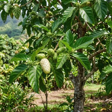 Noni Fruit Tree with Ripe and Unripe Fruits Growing in Tropical Garden