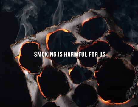 Burnt paper with glowing embers and rising smoke creates a dramatic dark composition with text ash charred combustion damage decay destruction